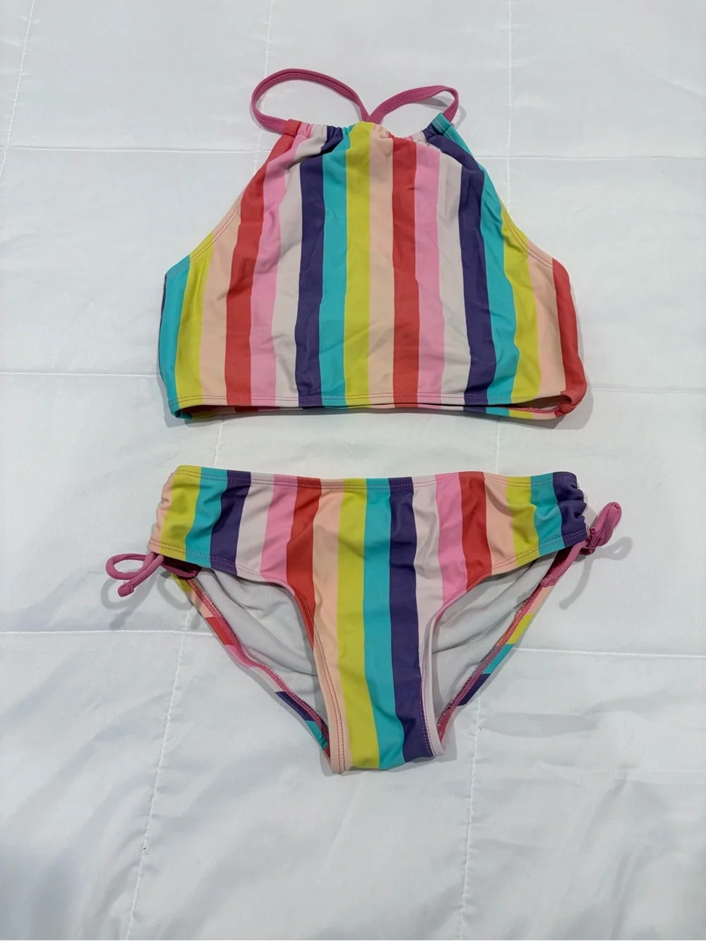 Kanu Surf Girls' Rainbow Stripe High-Neck Bikini - Pink, Yellow, Blue, Purple
